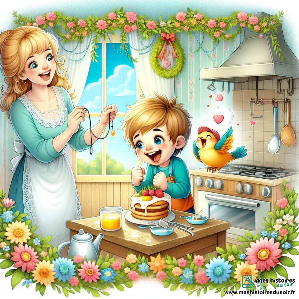 Une illustration destinée aux enfants représentant un jeune garçon enthousiaste préparant un petit déjeuner surprise pour sa maman adorée, avec l'aide complice d'un petit oiseau chanteur, dans une cuisine lumineuse et colorée décorée de guirlandes de fleurs printanières.