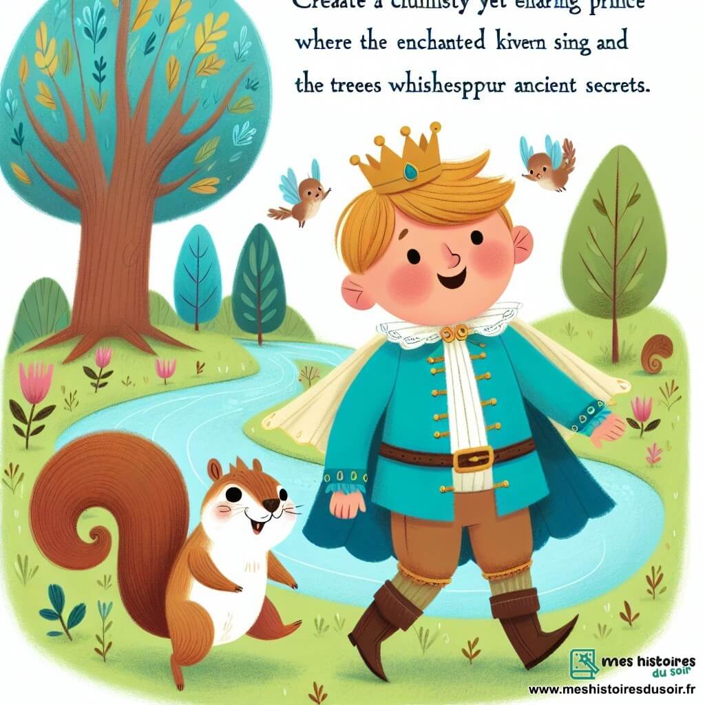 Une illustration destinée aux enfants représentant un prince maladroit et attachant, accompagné d'un écureuil écuyer du nom de Noisette, évoluant dans le royaume enchanté d'Arcadia, où les arbres chantent et les rivières murmurent des secrets anciens.