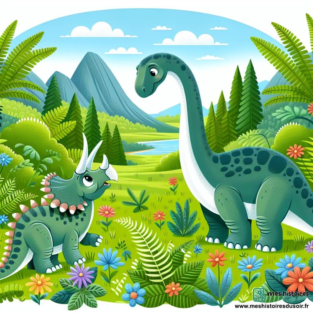 Une illustration destinée aux enfants représentant un jeune diplodocus curieux et enjoué, accompagné d'un tricératops joyeux et bavard, explorant une vallée verdoyante parsemée de grandes fougères et de fleurs colorées.