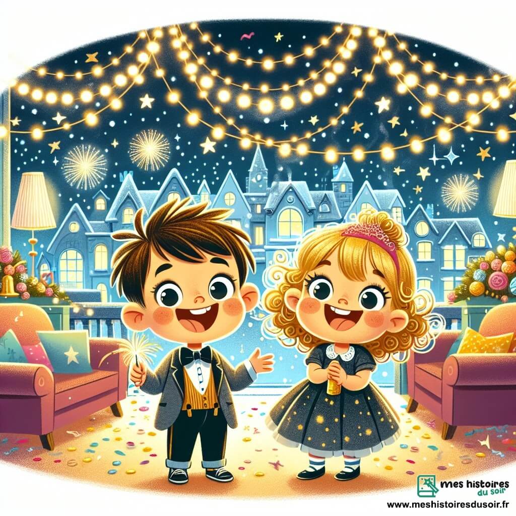 Une illustration destinée aux enfants représentant un petit garçon espiègle, une soirée de réveillon du nouvel an pleine de magie, sa grande sœur souriante aux cheveux bouclés, dans un salon décoré de guirlandes lumineuses et de paillettes scintillantes à Joyeuxville.