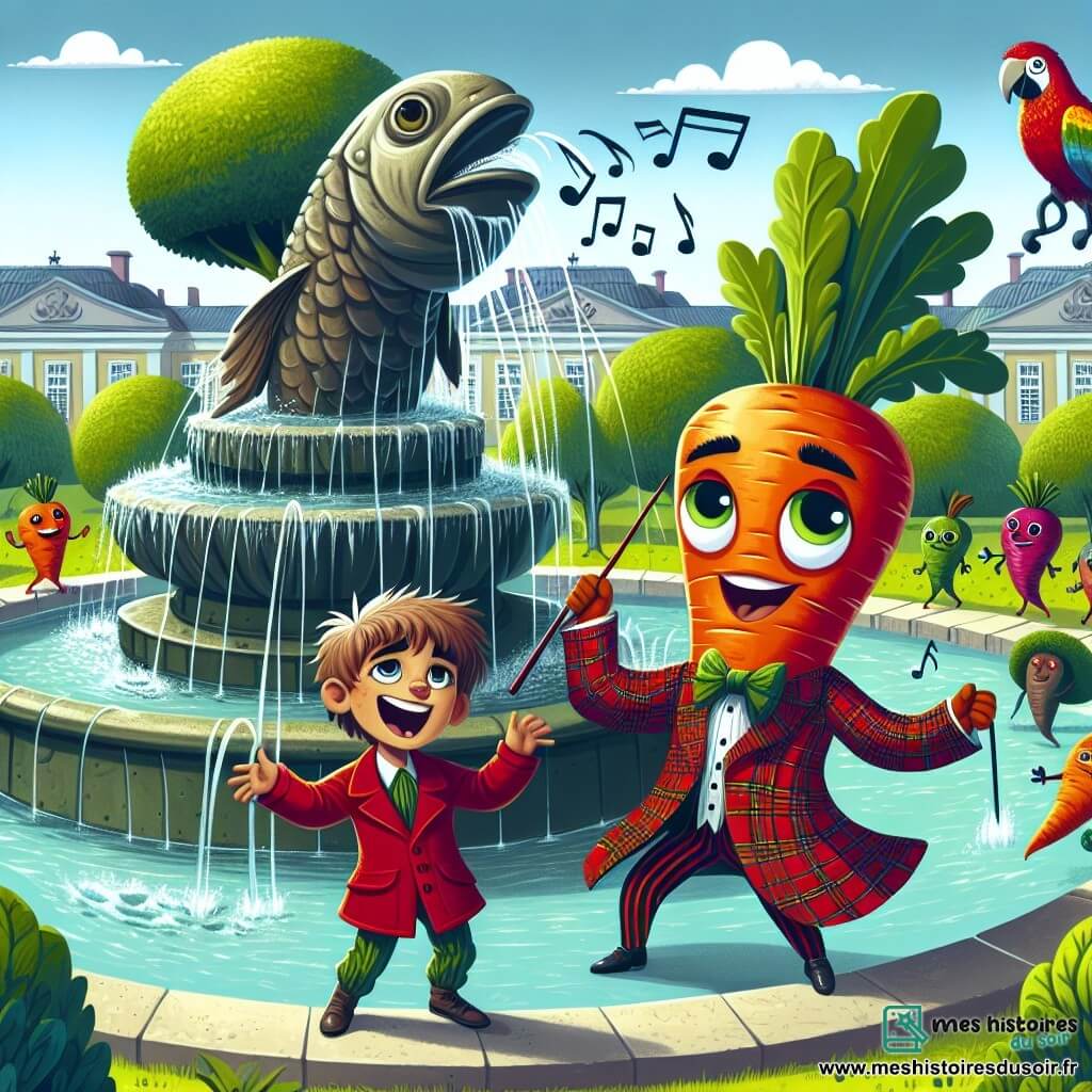 Une illustration sous forme de dessin destinée aux enfants représentant un parc coloré avec une fontaine en pierre en forme de poisson géant crachant de l'eau, où un garçon de 11 ans aux cheveux bruns en bataille et portant un manteau rouge, danse joyeusement au milieu de légumes animés, notamment une carotte en costume de chef d'orchestre tenant une baguette, tandis qu'un perroquet géant en veste à carreaux l'encourage avec un sourire éclatant, capturant l'instant magique d'une aventure loufoque et absurde où les rêves prennent vie.