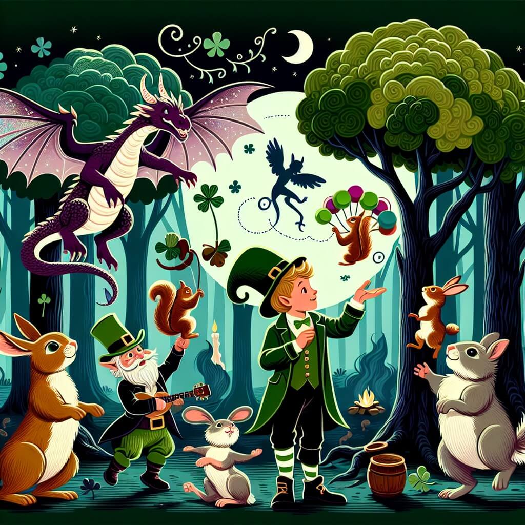 Une illustration destinée aux enfants représentant un dragon facétieux aux ailes chatoyantes, accompagné d'un lutin malicieux, dans une forêt enchantée remplie d'arbres qui parlent, d'écureuils jongleurs et de lapins qui dansent au clair de lune.