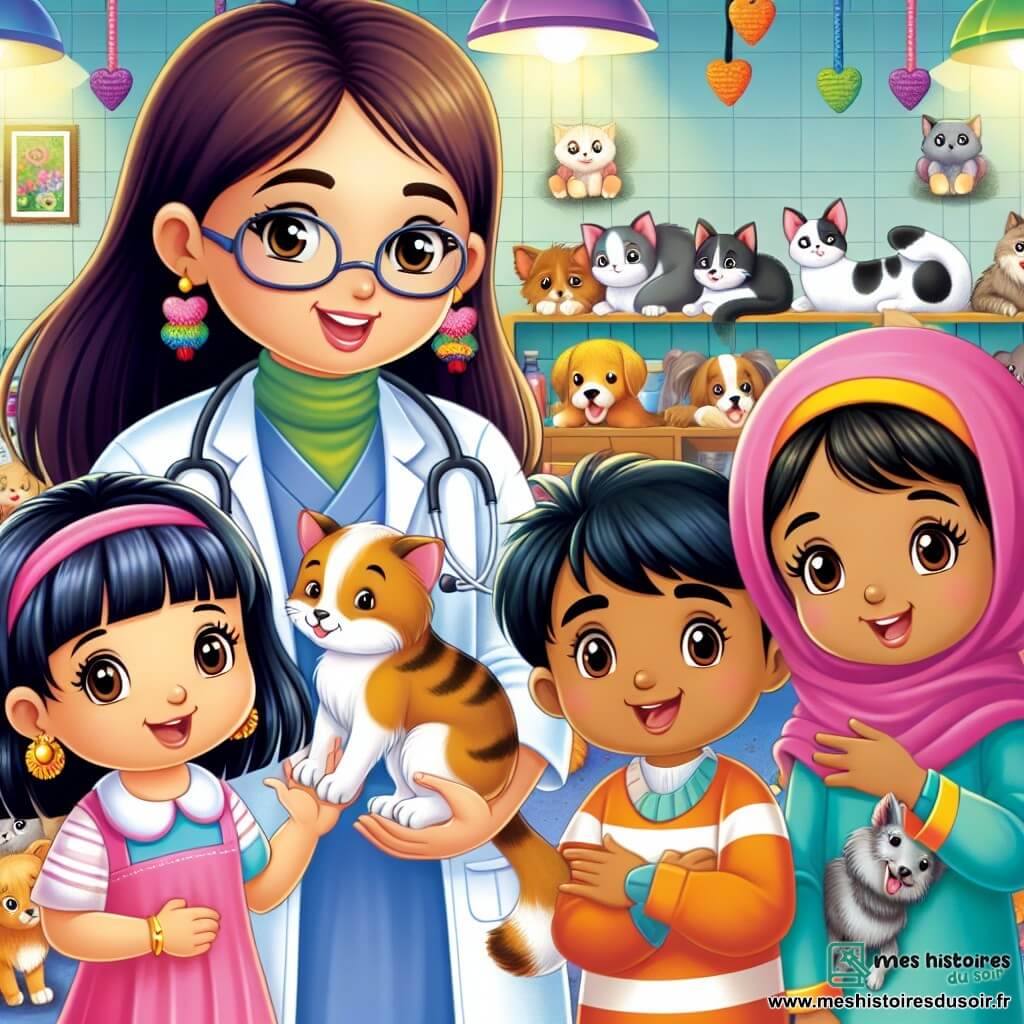 Une illustration destinée aux enfants représentant une vétérinaire au sourire chaleureux s'occupant tendrement des animaux de son village, accompagnée de deux enfants joyeux et de leurs fidèles compagnons à quatre pattes, dans un cabinet coloré et animé où les miaulements des chats se mêlent aux jappements des chiens.