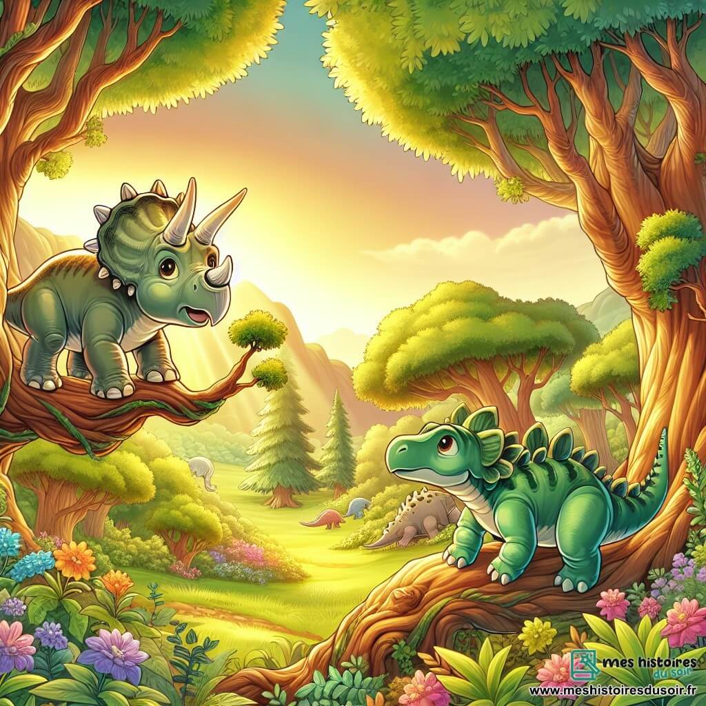 Une illustration sous forme de dessin destinée aux enfants représentant une vallée verdoyante baignée de lumière dorée, où un jeune tricératops aux trois cornes pointues et à la large collerette, curieux et déterminé, explore la forêt de Brilladent, tandis qu'un petit stégosaure, avec ses plaques dorsales et son regard inquiet, se blottit contre un arbre, cherchant de l'aide pour retrouver son chemin, entourés de fleurs colorées et d'arbres majestueux, évoquant un sentiment d'aventure et d'amitié dans un monde préhistorique.