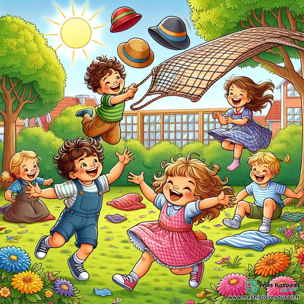 Une illustration sous forme de dessin destinée aux enfants représentant une cour d'école ensoleillée, remplie de verdure et de fleurs colorées, où un groupe d'enfants de 5 ans, avec des cheveux bouclés et des sourires éclatants, s'amusent à attraper des chapeaux volants emportés par le vent, tandis qu'un garçon espiègle aux cheveux bruns fait des sauts comiques, et une petite fille aux cheveux blonds, vêtue d'une robe rose, tient un grand filet fait de couvertures et de bâtons, tous riant ensemble dans une atmosphère joyeuse et pleine d'énergie.