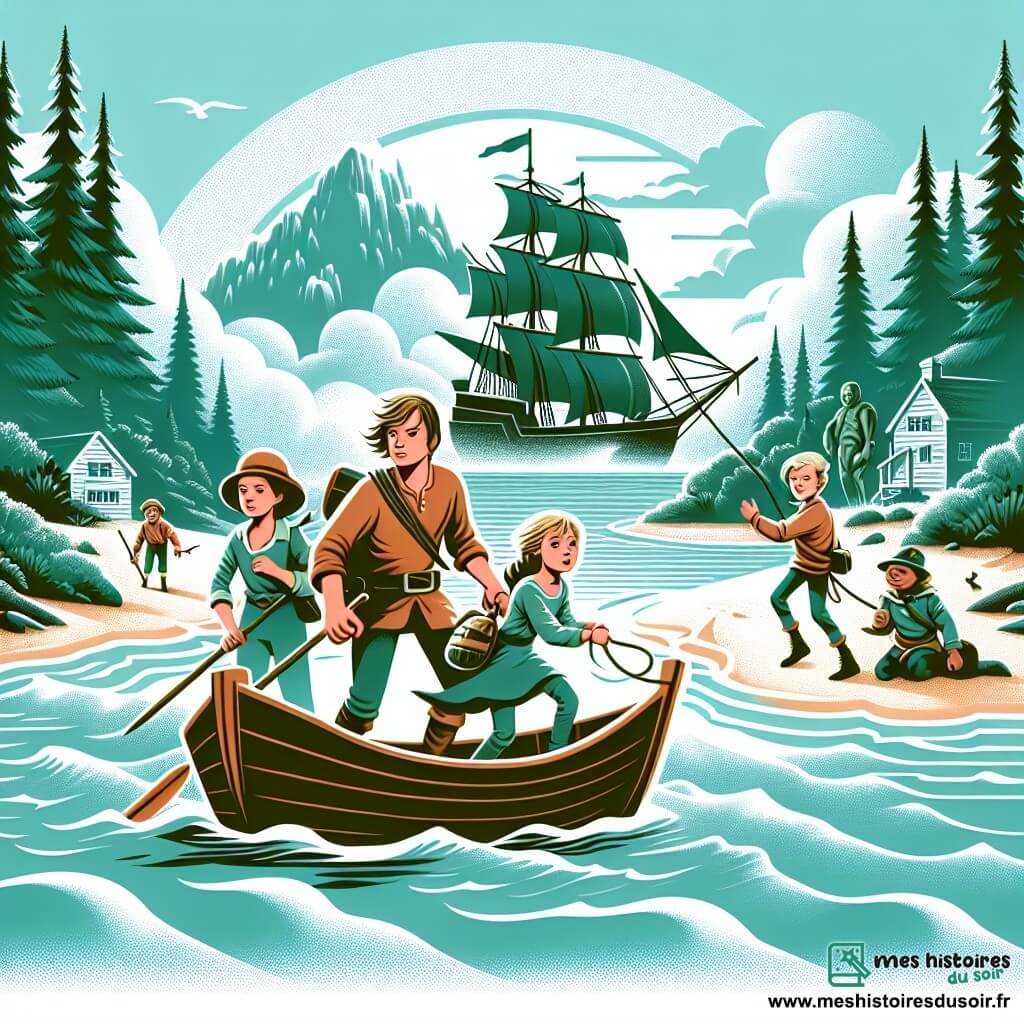 Une illustration destinée aux enfants représentant une jeune fille intrépide embarquant sur un bateau en compagnie de ses fidèles amis, un garçon malicieux et une fille déterminée, pour explorer une île mystérieuse entourée d'un épais brouillard, avec des plages de sable blanc et une forêt dense peuplée de créatures étranges.