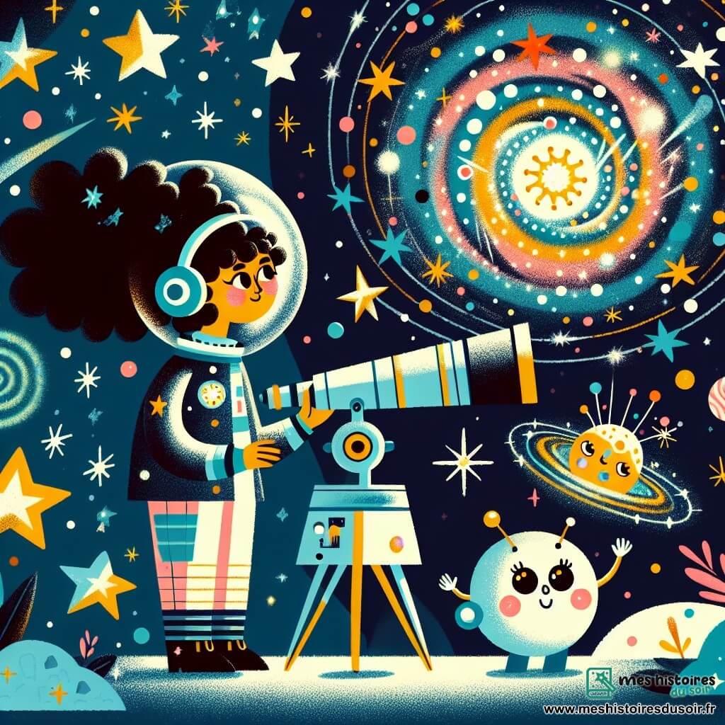 Une illustration sous forme de dessin destinée aux enfants représentant une scène spatiale colorée et magique, où une femme scientifique aux cheveux bouclés et brillants, portant une combinaison spatiale étincelante, observe avec émerveillement un tourbillon de couleurs dans l'espace à travers un grand télescope, tandis qu'à ses côtés, un robot amical aux formes arrondies et aux yeux lumineux, ainsi qu'une petite étoile scintillante avec des bras, flottent joyeusement, tous trois captivés par la beauté de l'univers, entourés d'étoiles scintillantes et de météorites colorées.