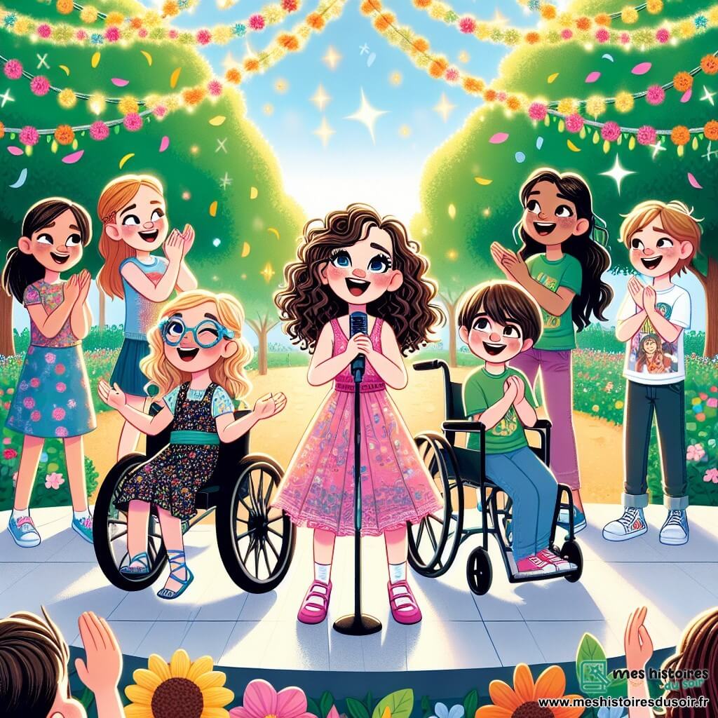 Illustration destinée aux enfants représentant un parc ensoleillé, avec des arbres aux feuilles vertes éclatantes et des fleurs colorées qui dansent au gré du vent, où un groupe de cinq enfants de 9 ans se tient sur une scène décorée de guirlandes scintillantes. Au centre, une fille aux cheveux bouclés et bruns, portant une robe rose, chante avec passion, ses yeux brillants de confiance. À ses côtés, une fille en fauteuil roulant aux cheveux blonds et aux lunettes colorées applaudit avec enthousiasme, tandis qu'une autre fille aux cheveux noirs et lisses, vêtue d'un t-shirt à motifs, danse joyeusement. En arrière-plan, deux garçons aux cheveux châtains, l'un en t-shirt vert et l'autre en bleu, sourient et encouragent leurs amies avec des gestes de soutien. L'atmosphère est remplie de joie et d'encouragement, illustrant le thème de la confiance en soi et de l'amitié.