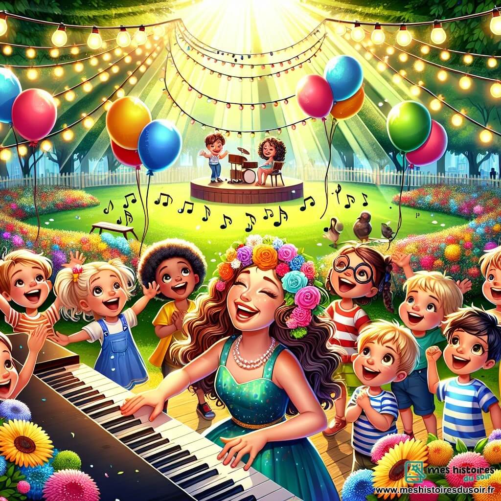 Illustration d'un parc ensoleillé, riche en verdure et en fleurs colorées. Au centre, une scène en bois ornée de guirlandes lumineuses et de ballons multicolores, entourée d'enfants riant et jouant. Au premier plan, une femme souriante d'une trentaine d'années, aux longs cheveux bouclés et en robe éclatante, joue du piano et chante joyeusement, captivant les enfants. Elle rayonne de passion et de bonheur. Un groupe d'enfants, âgés de 7 à 10 ans, est rassemblé autour d'elle. Une petite fille aux lunettes rondes chante les bras levés, tandis qu'un garçon aux cheveux ébouriffés bat des mains au rythme de la musique. L'atmosphère est joyeuse et camaraderie, avec des sourires éclatants et des mouvements dynamiques, illustrant la magie de la musique qui unit les cœurs. Des notes de musique flottent dans l'air, ajoutant une touche magique à cette célébration.