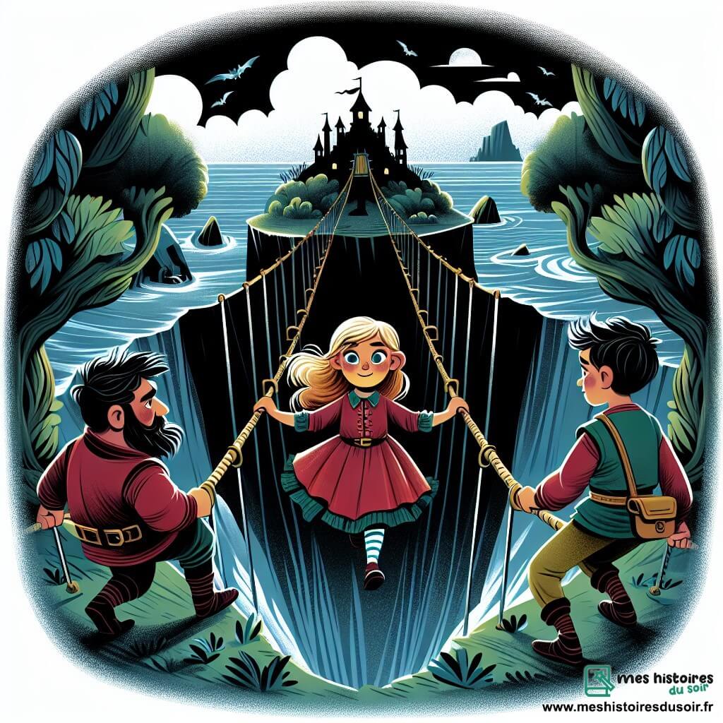 Une illustration destinée aux enfants représentant une courageuse petite fille, accompagnée de deux garçons malins et ingénieux, traversant un pont suspendu au-dessus d'un gouffre profond, sur l'Île aux Mystères, une île sombre et mystérieuse entourée d'une mer agitée.