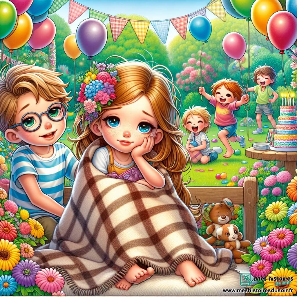 Illustration destinée aux enfants représentant un jardin ensoleillé, rempli de fleurs colorées et de ballons flottants, où une petite fille de 7 ans, avec de longs cheveux bruns et des yeux pétillants, est assise sur un banc, enveloppée dans un plaid doux. Elle a un léger sourire, mais son regard trahit une petite fatigue. À ses côtés, un garçon aux cheveux blonds et aux lunettes, vêtu d'un t-shirt rayé, lui tient la main avec une expression amicale, tandis qu'en arrière-plan, d'autres enfants s'amusent à jouer, riant et courant autour d'une table décorée d'un gâteau d'anniversaire. L'atmosphère est joyeuse, mais une légère inquiétude flotte dans l'air, illustrant le mélange d'excitation et de fatigue de la petite fille.