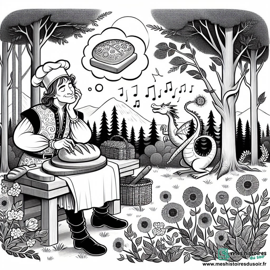Une illustration destinée aux enfants représentant un boulanger rêveur, un dragon amical, une forêt enchantée où les arbres chantent et les fleurs dansent.