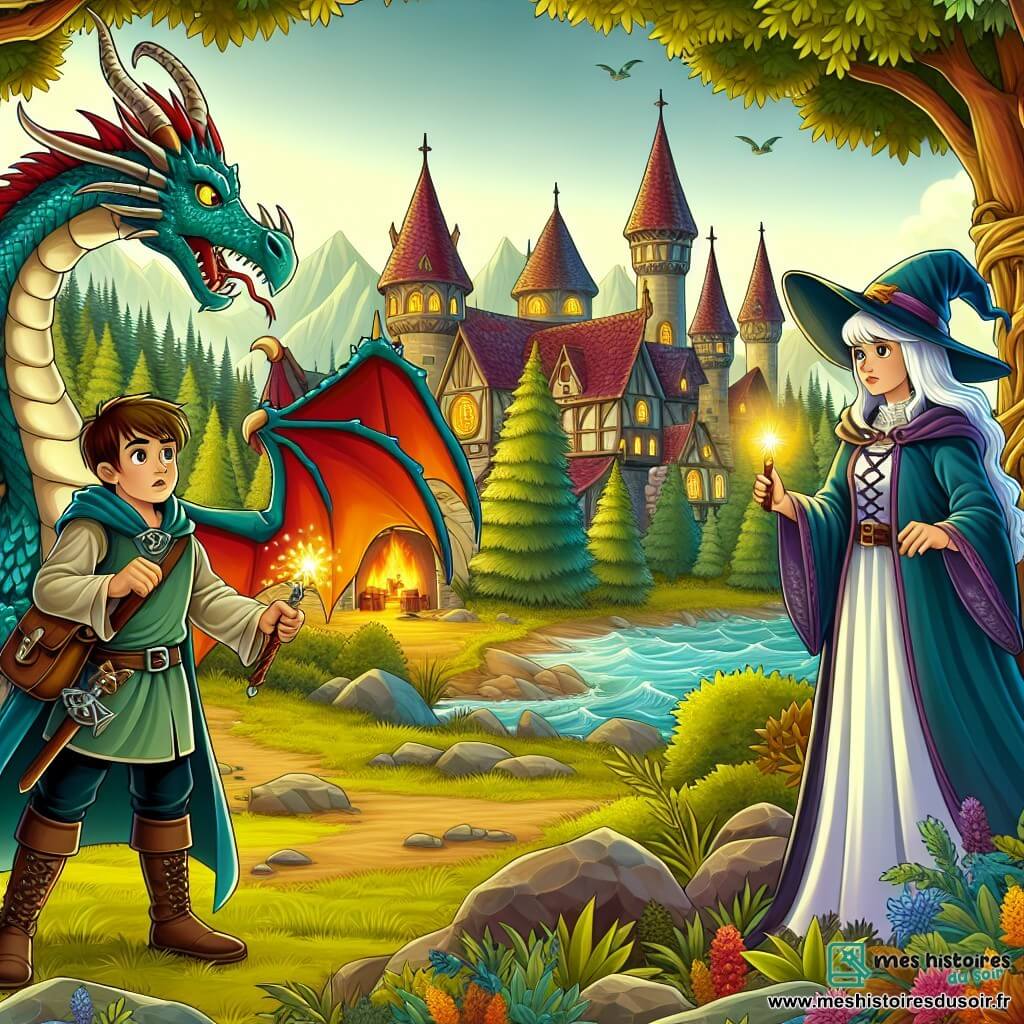 Une illustration destinée aux enfants représentant un jeune apprenti sorcier courageux affrontant un dragon féroce aux côtés d'une sorcière bienveillante, dans le paisible village d'Éclatétoile entouré d'une forêt mystérieuse et enchantée.