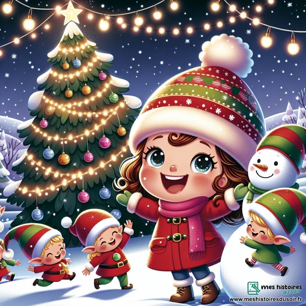 Une illustration sous forme de dessin destinée aux enfants représentant un paysage féerique du Pays de Noël, avec un grand sapin décoré de guirlandes lumineuses et de boules scintillantes au centre, où une petite fille de 5 ans aux cheveux bouclés et aux yeux pétillants, vêtue d'un manteau rouge et d'un bonnet en laine, rit joyeusement en jouant dans la neige avec des lutins aux chapeaux pointus et aux visages souriants, tandis qu'ils construisent un bonhomme de neige géant, illustrant la magie du partage et de l'amitié pendant la fête de Noël.