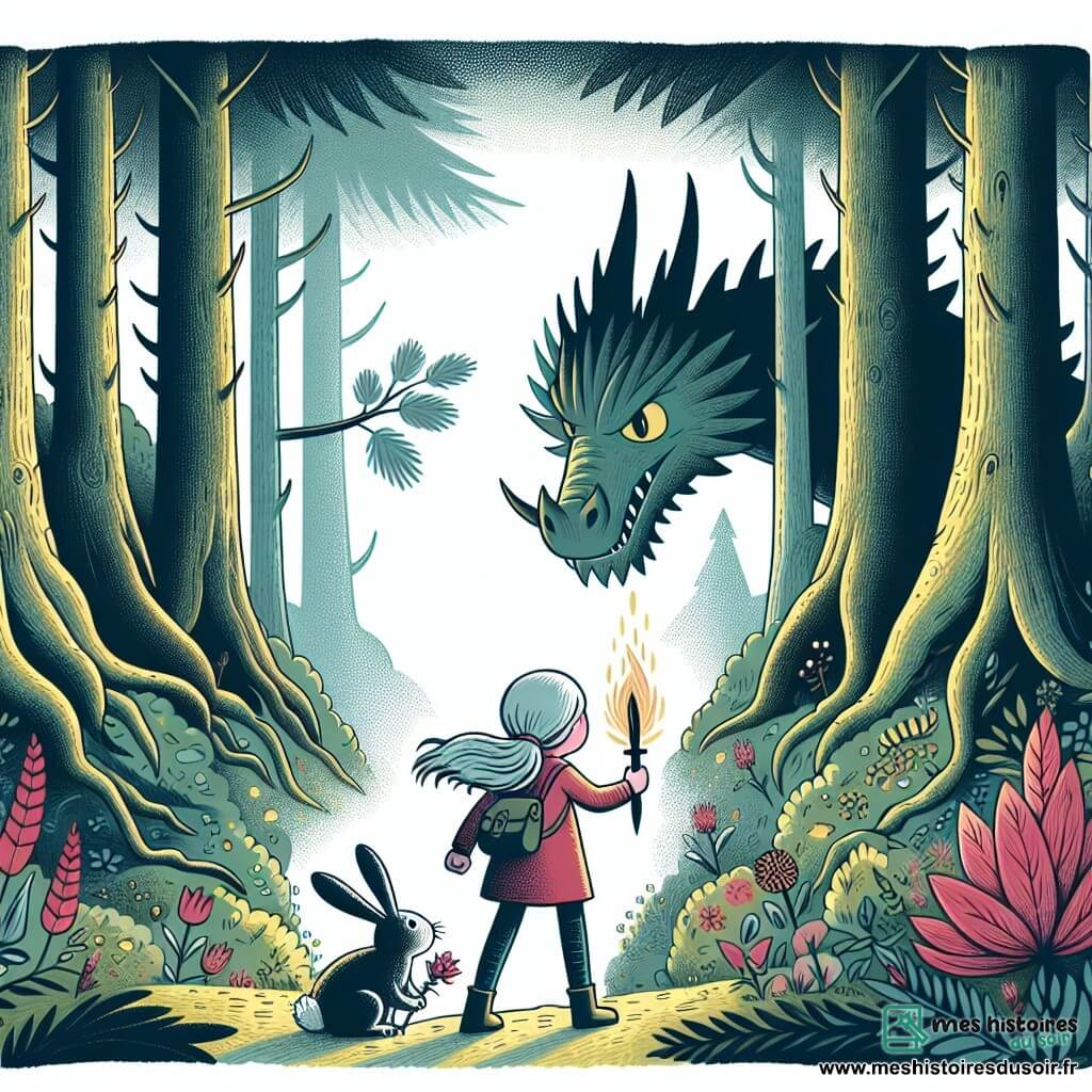 Une illustration destinée aux enfants représentant un troll solitaire, une petite fille courageuse et son lapin fidèle affrontant un dragon menaçant dans une forêt enchantée aux arbres majestueux et aux fleurs lumineuses.