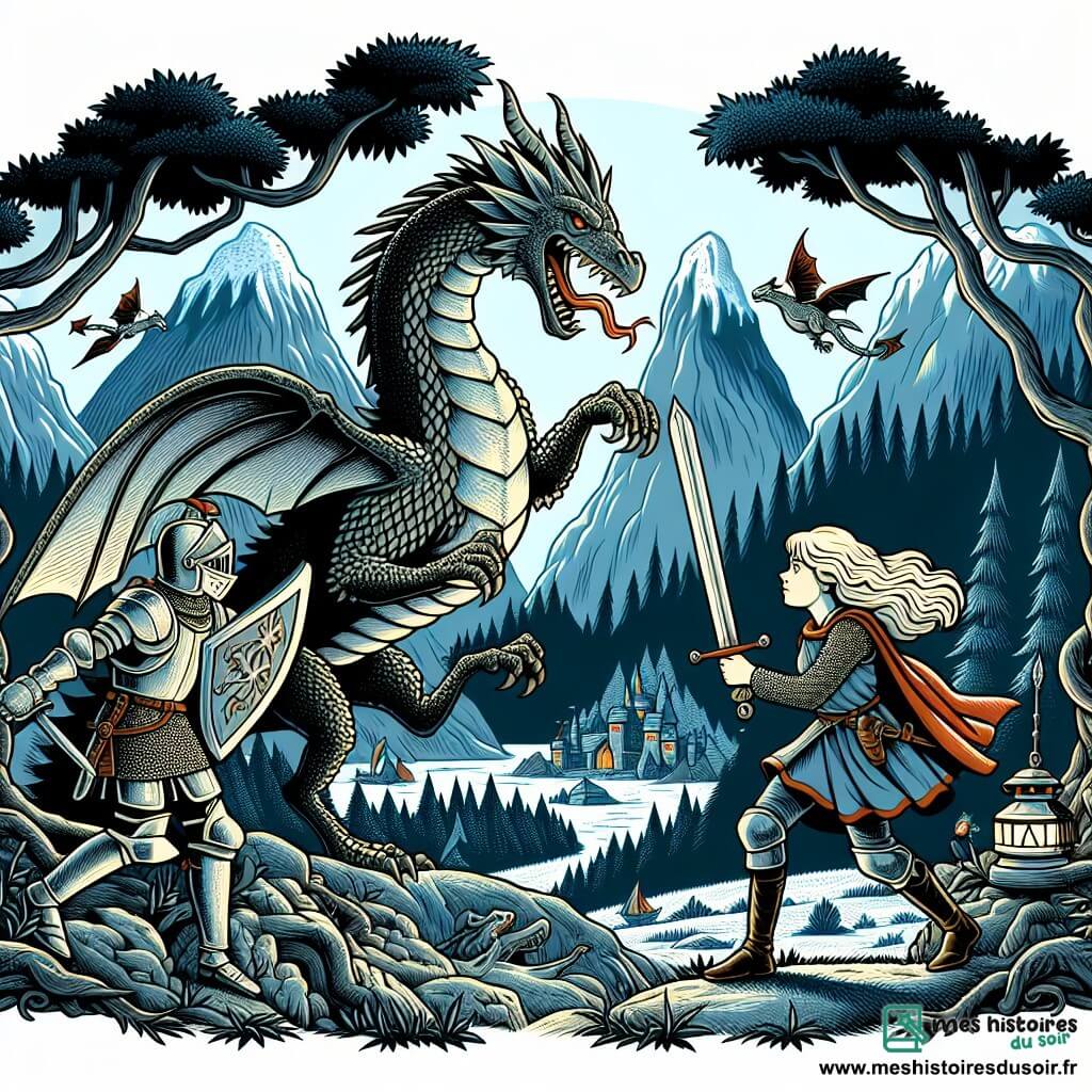Une illustration destinée aux enfants représentant une chevalière courageuse affrontant un dragon redoutable aux écailles luisantes, avec son écuyer fidèle, un jeune garçon aux yeux brillants, dans un royaume lointain plongé dans l'époque médiévale, entouré de forêts sombres et de montagnes escarpées.