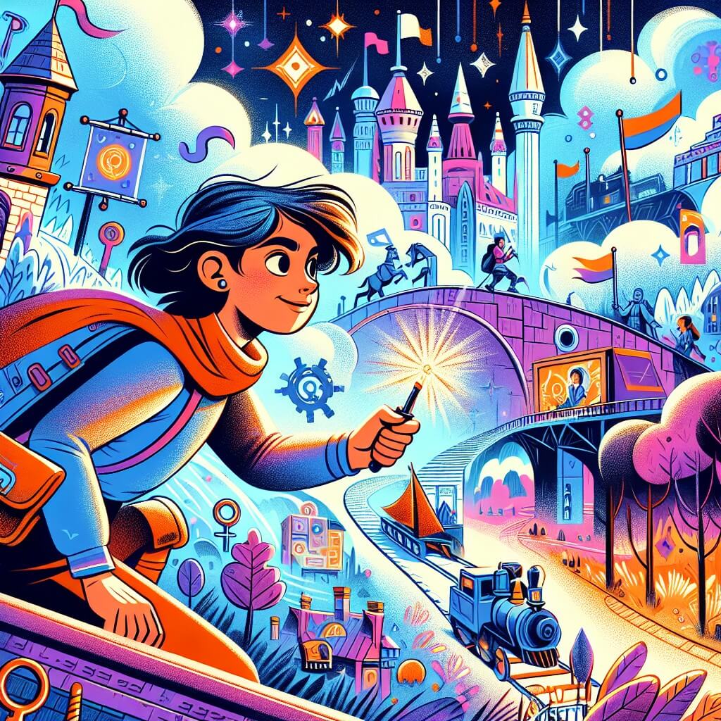 Une illustration destinée aux enfants représentant un jeune aventurier intrépide, se déguisant en héroïne courageuse, dans une ville futuriste aux allures de contes de fées, où il lutte contre les inégalités de genre et inspire une révolution pour une société égalitaire.