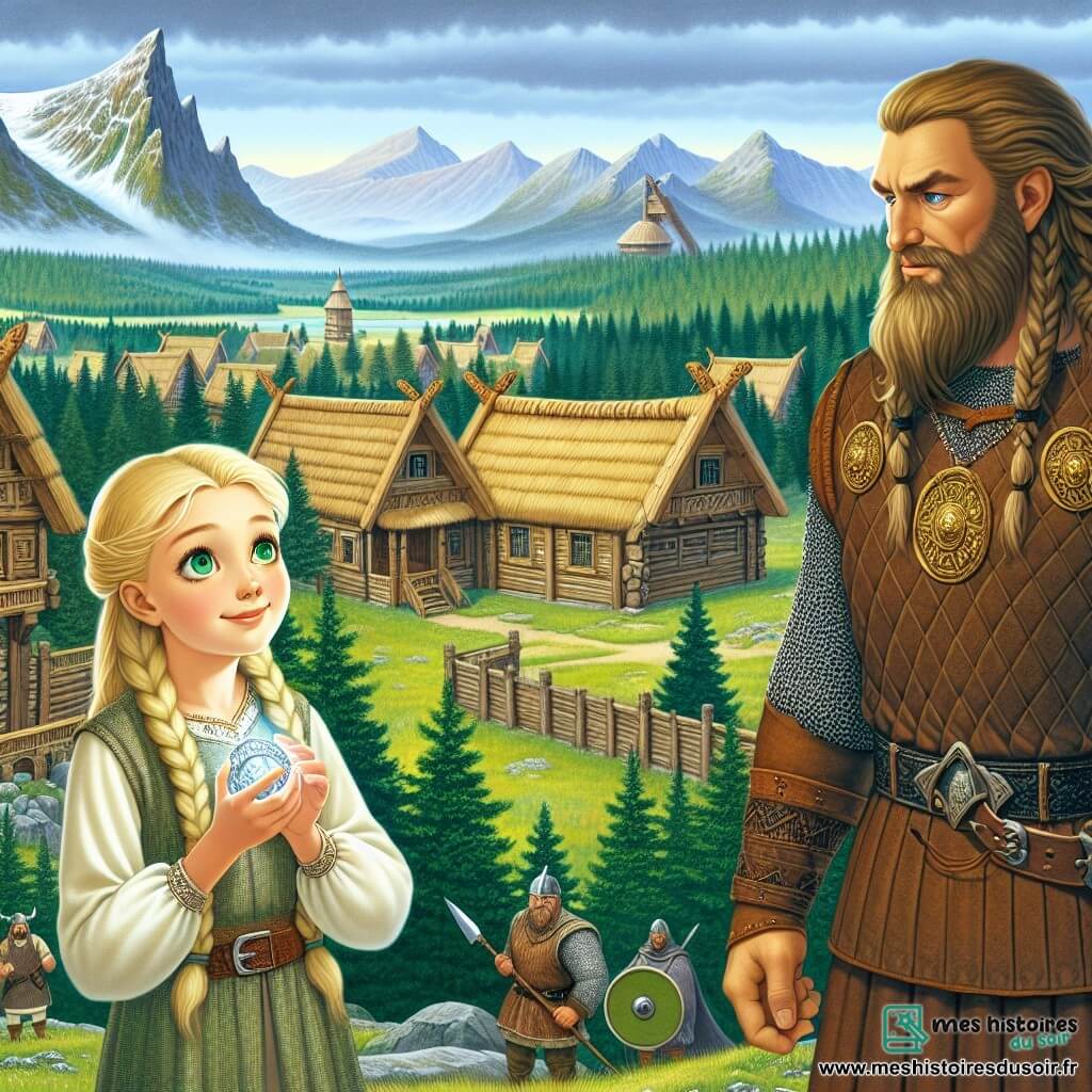Une illustration sous forme de dessin destinée aux enfants représentant une majestueuse forteresse en bois, entourée de forêts verdoyantes et de montagnes lointaines, où une jeune fille blonde aux yeux verts, vêtue d'une tunique en lin et tenant un médaillon scintillant dans sa main, se tient courageusement face à un grand Viking à la barbe tressée, vêtu d'une armure en cuir, tandis qu'un groupe de guerriers aux expressions déterminées les entoure, tous prêts à affronter un dragon légendaire qui sommeille dans la montagne, évoquant une atmosphère de magie et d'aventure.
