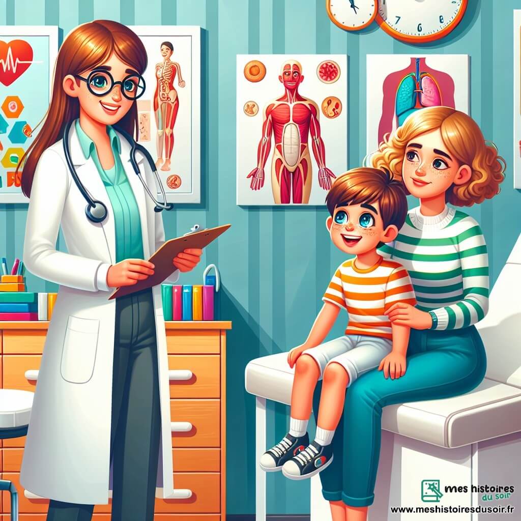 Une illustration sous forme de dessin destinée aux enfants représentant un cabinet médical lumineux et accueillant, avec des murs décorés de posters colorés sur le corps humain, où une femme médecin souriante aux cheveux châtains et aux lunettes rondes examine un petit garçon aux yeux pétillants et aux joues roses, qui se tient assis sur une table d'examen, tandis qu'une mère inquiète aux cheveux blonds et bouclés attend à côté, le tout dans une atmosphère rassurante et chaleureuse, illustrant le moment où le médecin aide un jeune patient à surmonter sa peur d'une visite médicale.