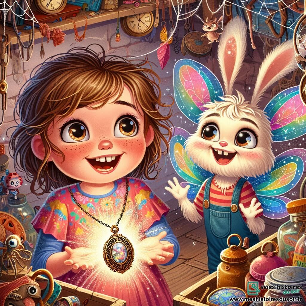 Une illustration sous forme de dessin destinée aux enfants représentant un grenier poussiéreux rempli de vieux objets colorés et de toiles d'araignée, où une fillette de 11 ans aux cheveux châtains en bataille et aux yeux pétillants, vêtue d'une robe colorée, tient un médaillon brillant dans sa main tout en riant, entourée d'une petite créature ressemblant à un lapin avec des ailes de papillon, qui gesticule joyeusement, alors qu'une lumière magique les enveloppe, symbolisant le début d'une aventure fantastique et humoristique.