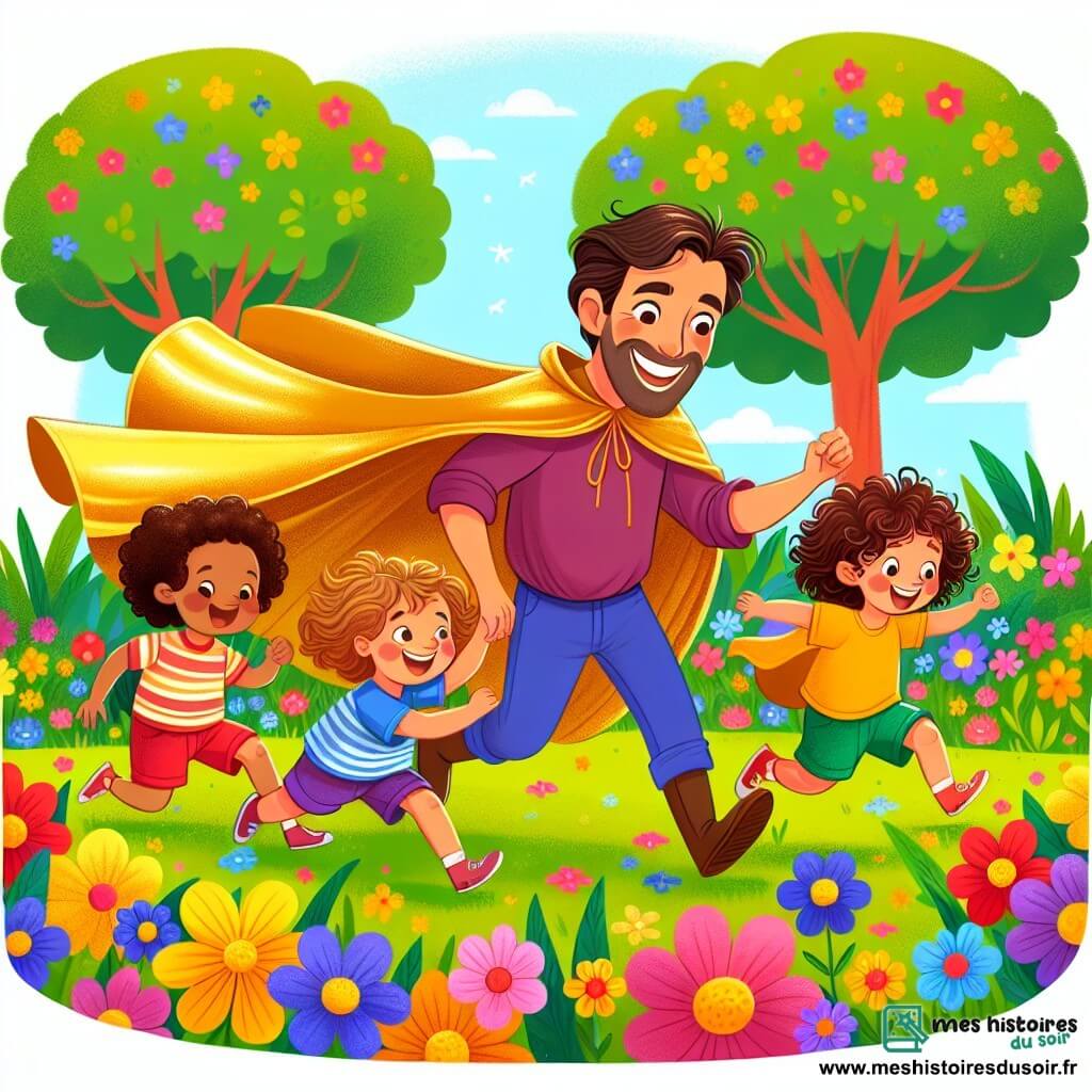Une illustration sous forme de dessin destinée aux enfants représentant un parc coloré rempli de fleurs éclatantes et d'arbres verdoyants, où un homme au sourire chaleureux, portant une cape dorée scintillante, joue joyeusement avec un groupe d'enfants (deux garçons et une fille) aux cheveux bouclés et aux vêtements colorés, qui rient et s'amusent en courant autour de lui, capturant l'esprit d'amitié et de bonheur partagé dans un moment de jeu insouciant.
