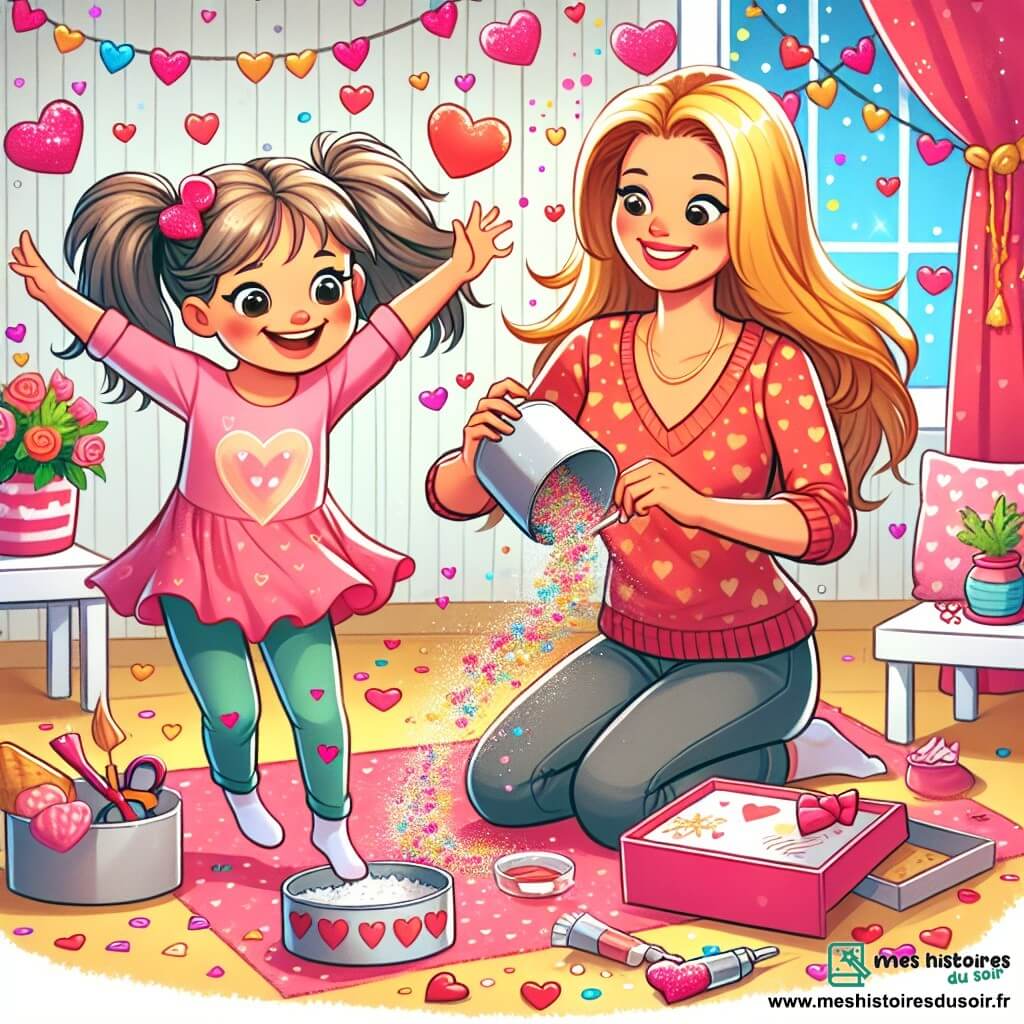 Une illustration destinée aux enfants représentant une fillette pleine d'énergie préparant une surprise pour sa famille pour la Saint-Valentin, avec sa maman comme personnage secondaire, dans une chambre colorée remplie de cœurs et de paillettes.
