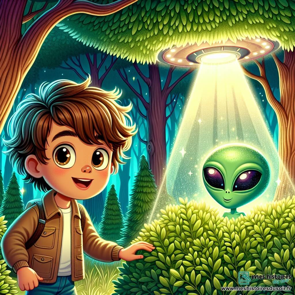 Une illustration sous forme de dessin destinée aux enfants représentant une forêt enchantée aux arbres majestueux et aux feuilles scintillantes, où un garçon de 11 ans, aux cheveux bruns en bataille et aux yeux pétillants de curiosité, observe avec émerveillement un petit extraterrestre vert à la peau luisante et aux grands yeux en forme d’amande, qui sort d’un vaisseau spatial brillant caché derrière un buisson, tandis qu'ils échangent des sourires complices, illustrant leur amitié naissante et leur désir d'explorer ensemble les merveilles de l'univers.