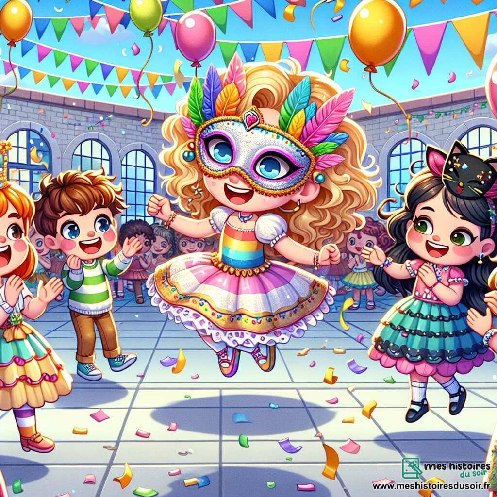 Illustration destinée aux enfants représentant une cour d'école colorée, ornée de guirlandes de papier crépon et de ballons flottants, où un groupe d'enfants de 5 ans s'amuse joyeusement. Au centre, une petite fille aux cheveux bouclés et blonds, portant un masque coloré décoré de plumes, danse en flottant légèrement au-dessus du sol, entourée de ses amies. À sa droite, une petite fille aux cheveux bruns, habillée en fée avec des ailes scintillantes, applaudit avec enthousiasme, tandis qu'à sa gauche, une petite fille aux cheveux noirs, déguisée en chat noir, rit en tenant une crêpe. L'atmosphère est festive, remplie de rires et de magie, avec des confettis qui volent dans l'air et des enfants en costumes variés dansant autour d'eux.