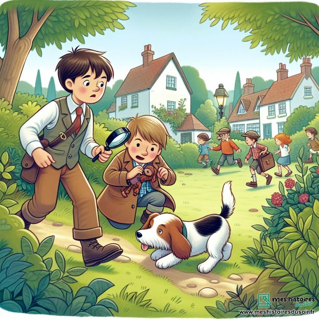 Une illustration destinée aux enfants représentant un jeune garçon curieux et déterminé qui mène une enquête captivante avec son fidèle ami à la recherche d'une précieuse poupée disparue, dans un charmant village entouré de verdure, avec un parc paisible où les enfants jouent joyeusement.