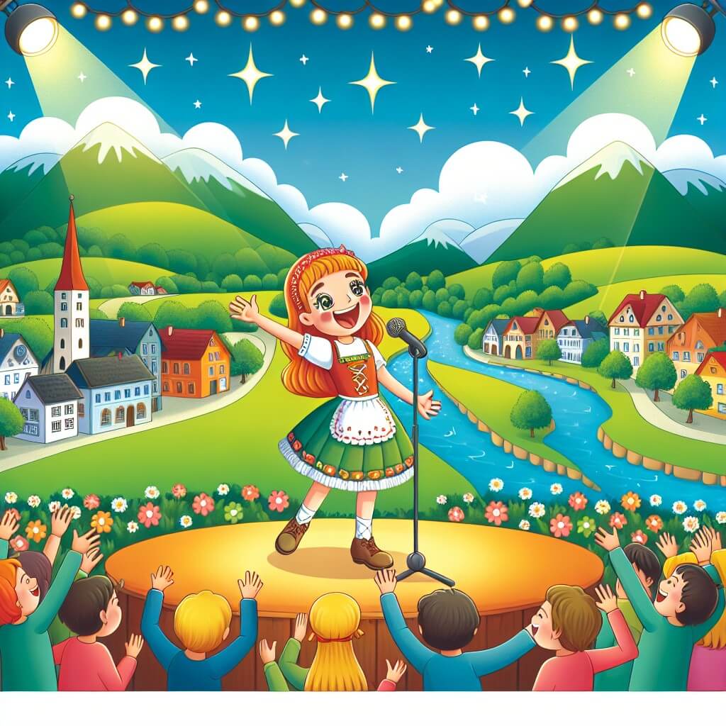 Une illustration destinée aux enfants représentant une jeune femme passionnée par la musique, se produisant sur une scène colorée devant un public enchanté, dans un village paisible entouré de collines verdoyantes et bordé par une rivière scintillante.
