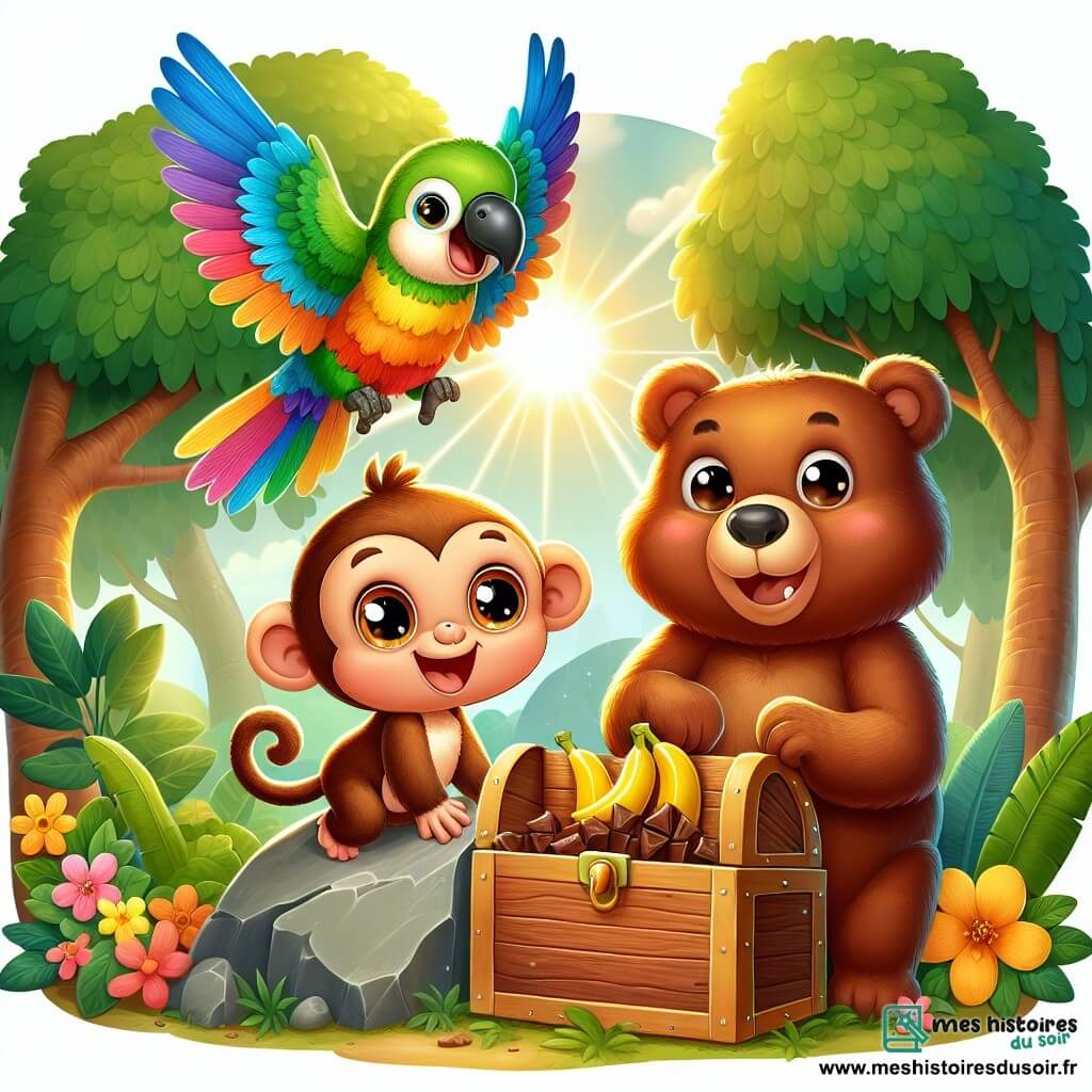Une illustration sous forme de dessin destinée aux enfants représentant une forêt verdoyante et ensoleillée, avec un petit singe aux grands yeux pétillants et au pelage brun, grimpant joyeusement sur un rocher, tandis qu'un perroquet coloré aux plumes vives vole au-dessus de lui et qu'un gros ours au pelage brun, un peu maladroit, se tient à côté, tous trois découvrant ensemble un coffre en bois rempli de bananes en chocolat, entourés de feuilles et de fleurs éclatantes, capturant l'esprit d'une aventure amusante et amicale.