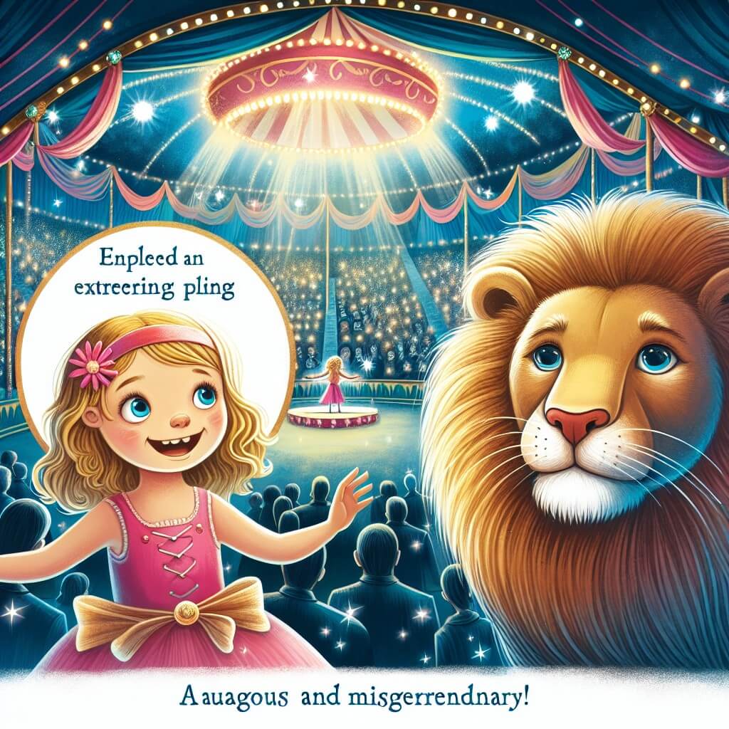 Une illustration destinée aux enfants représentant une jeune fille pleine d'émerveillement et d'audace, découvrant un cirque extraordinaire où elle se lie d'amitié avec un lion malicieux, dans un lieu magique rempli de lumières chatoyantes et d'odeurs sucrées, où la piste centrale est entourée de spectateurs ébahis.