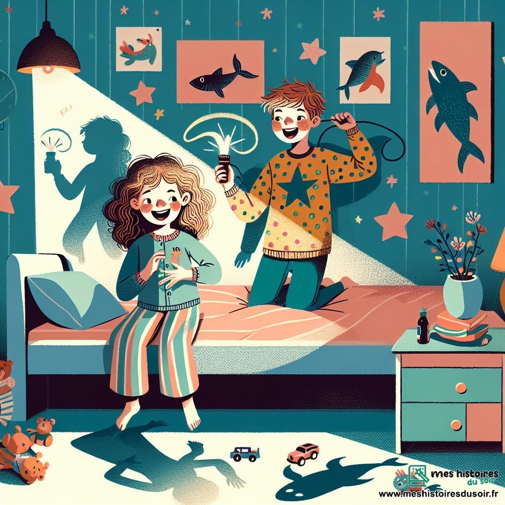 Illustration destinée aux enfants représentant une chambre douillette aux murs pastel, avec des posters d'animaux et des jouets éparpillés sur le sol, éclairée par une douce lumière de lampe de chevet. Au centre, une fille de 9 ans aux cheveux châtains bouclés, portant un pyjama rayé, est assise sur son lit, un grand sourire aux lèvres, tenant une lampe de poche dans une main et faisant des ombres avec l'autre. À ses côtés, son petit frère de 6 ans, aux cheveux blonds en bataille et portant un t-shirt avec un super-héros, rit en imitant une ombre de poisson. L'atmosphère est joyeuse et ludique, avec des ombres dansantes projetées sur les murs, symbolisant la transformation de la peur du noir en amusement et créativité.
