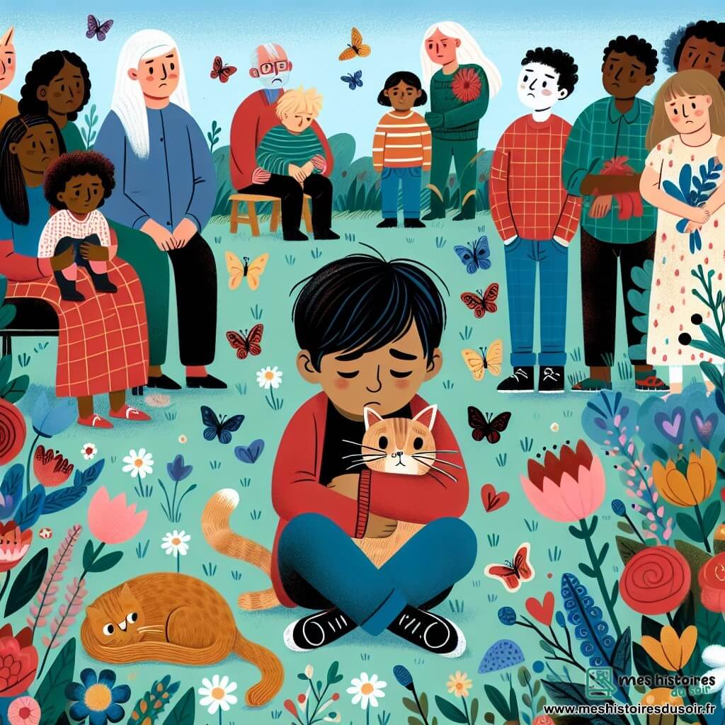 Une illustration destinée aux enfants représentant un petit garçon, entouré de sa famille et de ses amis, dans un jardin coloré rempli de fleurs et de papillons, où il fait face à la perte de son chat bien-aimé.