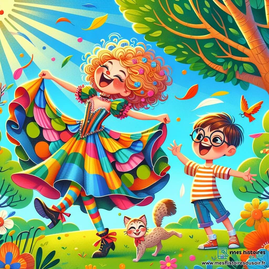 Illustration d'une scène ensoleillée dans un parc verdoyant, avec des arbres aux feuilles éclatantes et des fleurs colorées. Au centre, une jeune femme en costume farfelu à pois multicolores et cape brillante danse joyeusement, son visage rayonnant de bonheur. Ses cheveux bouclés flottent autour d'elle. À ses côtés, un petit garçon d'environ 8 ans, avec des lunettes rondes et un t-shirt à rayures, rit en pointant la femme. Plus loin, un petit chaton aux yeux pétillants est perché sur une branche, regardant la scène avec curiosité. La femme célèbre sa victoire après avoir sauvé le chaton, tandis que le garçon applaudit. Des oiseaux colorés volent autour d'eux et des ballons flottent dans le ciel bleu, ajoutant une touche festive.