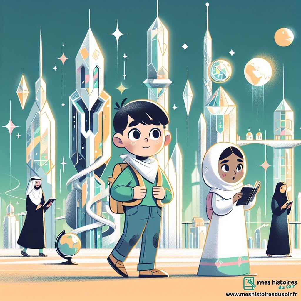 Une illustration destinée aux enfants représentant une fillette curieuse évoluant dans une cité futuriste aux tours de cristal, accompagnée d'un garçon timide, dans la ville de Cristalia où l'harmonie est menacée par les divisions entre les habitants des différentes tours.