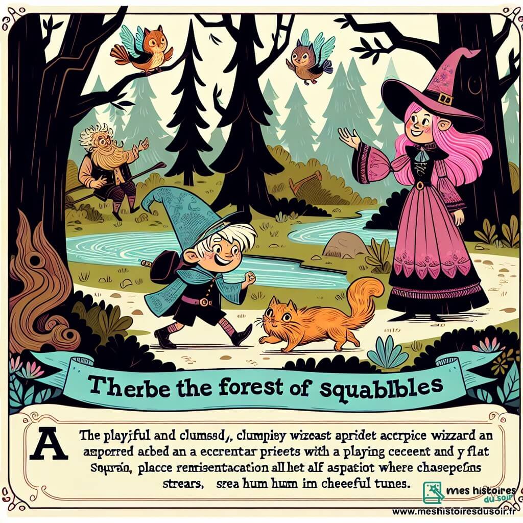 Une illustration destinée aux enfants représentant un jeune apprenti sorcier maladroit et espiègle, accompagné d'une sorcière excentrique aux cheveux roses et d'un chat volant, explorant la Forêt des Chamailleries, un lieu mystérieux où les arbres chuchotent et les ruisseaux fredonnent des airs joyeux.