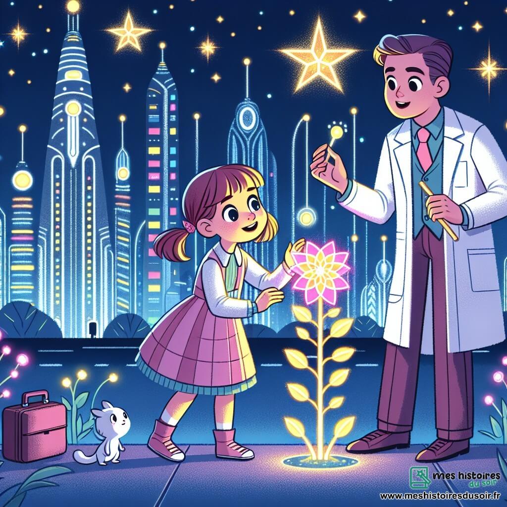 Une illustration destinée aux enfants représentant une jeune fille curieuse et engagée, accompagnée d'un scientifique bienveillant, découvrant une plante lumineuse dans une Cité des Étoiles futuriste, avec ses tours étincelantes et ses rues pavées de lumières fluo.