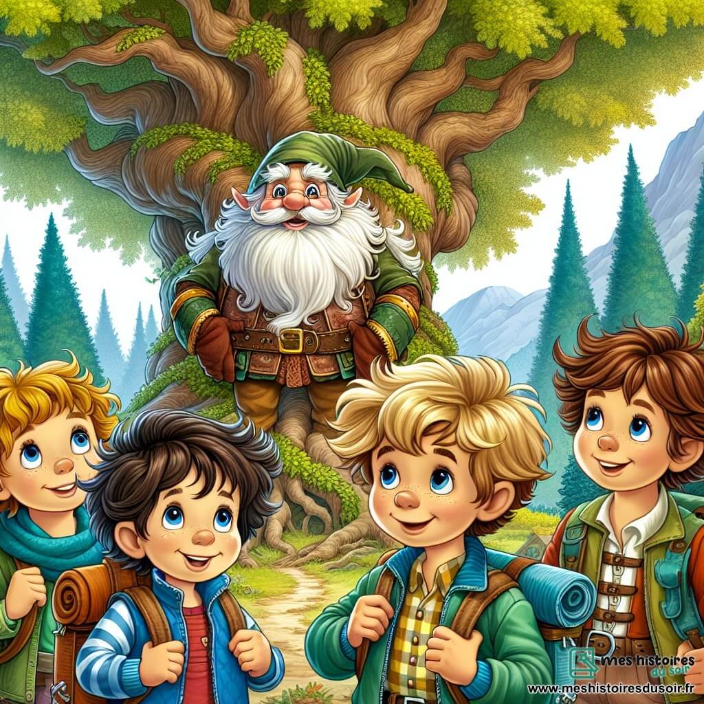 Une illustration sous forme de dessin destinée aux enfants représentant une forêt enchantée aux arbres majestueux et feuillus, où un groupe de quatre enfants de 11 ans – deux garçons aux cheveux en bataille, l'un avec des yeux pétillants et l'autre avec un sourire malicieux, et deux filles, l'une avec des boucles dorées et l'autre aux cheveux bruns et lisses, tous vêtus de vêtements colorés et d'accessoires d'aventure – se tiennent devant un vieux chêne imposant, discutant avec un gnome aux yeux brillants et à la barbe fournie, alors qu'ils se préparent à relever des épreuves pour découvrir un trésor légendaire qui pourrait sauver leur village.