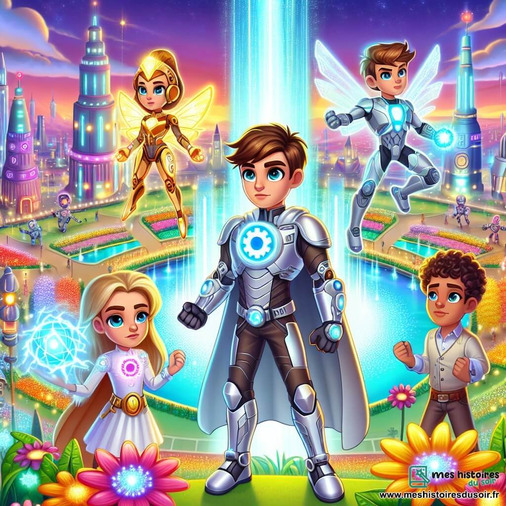 Une illustration sous forme de dessin destinée aux enfants représentant un parc central vibrant de couleurs à Futurapolis, avec des fleurs luminescentes et une grande fontaine scintillante, où un jeune homme aux cheveux bruns et à la cape argentée, portant un costume futuriste orné d'un symbole en forme d'engrenage, utilise ses pouvoirs pour communiquer avec des robots confus, tandis qu'à ses côtés, une jeune fille aux cheveux dorés et à la tenue éclatante de lumière crée une aura brillante, et un grand garçon musclé, au cœur d'or, se tient prêt à défendre ses amis, alors qu'ils affrontent le Maître de la Chaos qui menace leur ville.