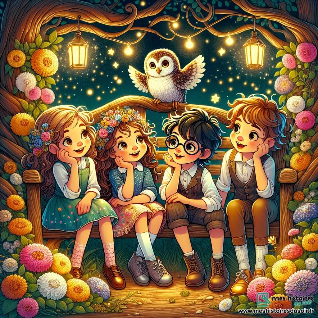 Une illustration sous forme de dessin destinée aux enfants représentant un jardin secret enchanteur, rempli de fleurs colorées et de lumières dorées, où un groupe de quatre enfants de 9 ans, deux filles aux cheveux bouclés et aux yeux pétillants, une fille pragmatique avec des lunettes et un garçon espiègle aux cheveux ébouriffés, s'assoit sur un banc en bois tordu, écoutant attentivement un vieux hibou sage perché sur une branche, alors qu'ils découvrent ensemble les leçons de la liberté, de la justice, de l'amitié et de la découverte de soi, dans une atmosphère magique et pleine de curiosité.