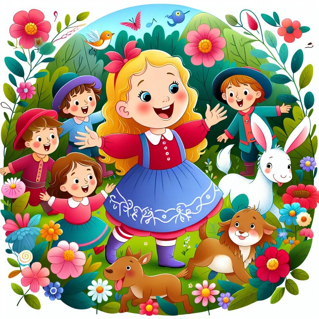 Une illustration destinée aux enfants représentant une joyeuse petite fille entourée de ses amis, se retrouvant dans une forêt enchantée remplie de fleurs colorées et d'animaux rigolos pour une incroyable chasse au trésor.