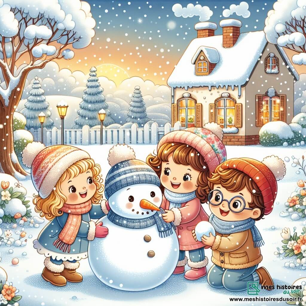 Illustration destinée aux enfants représentant un jardin enneigé, où des flocons de neige tombent doucement sur un sol recouvert d'une épaisse couche de neige scintillante. Un groupe d'enfants de trois ans, composé de deux filles aux cheveux bouclés et d'un garçon aux lunettes rondes, s'amusent à construire un bonhomme de neige. La première fille, vêtue d'une robe bleue, sourit en plaçant une carotte pour le nez, tandis que la deuxième fille, habillée d'un manteau rose, rit en ajoutant des pierres pour les yeux. Le garçon, portant un chapeau rouge, roule une boule de neige avec enthousiasme. En arrière-plan, des arbres aux branches chargées de neige et une maison chaleureuse avec de la fumée s'échappant de la cheminée ajoutent une touche magique à cette scène hivernale joyeuse.