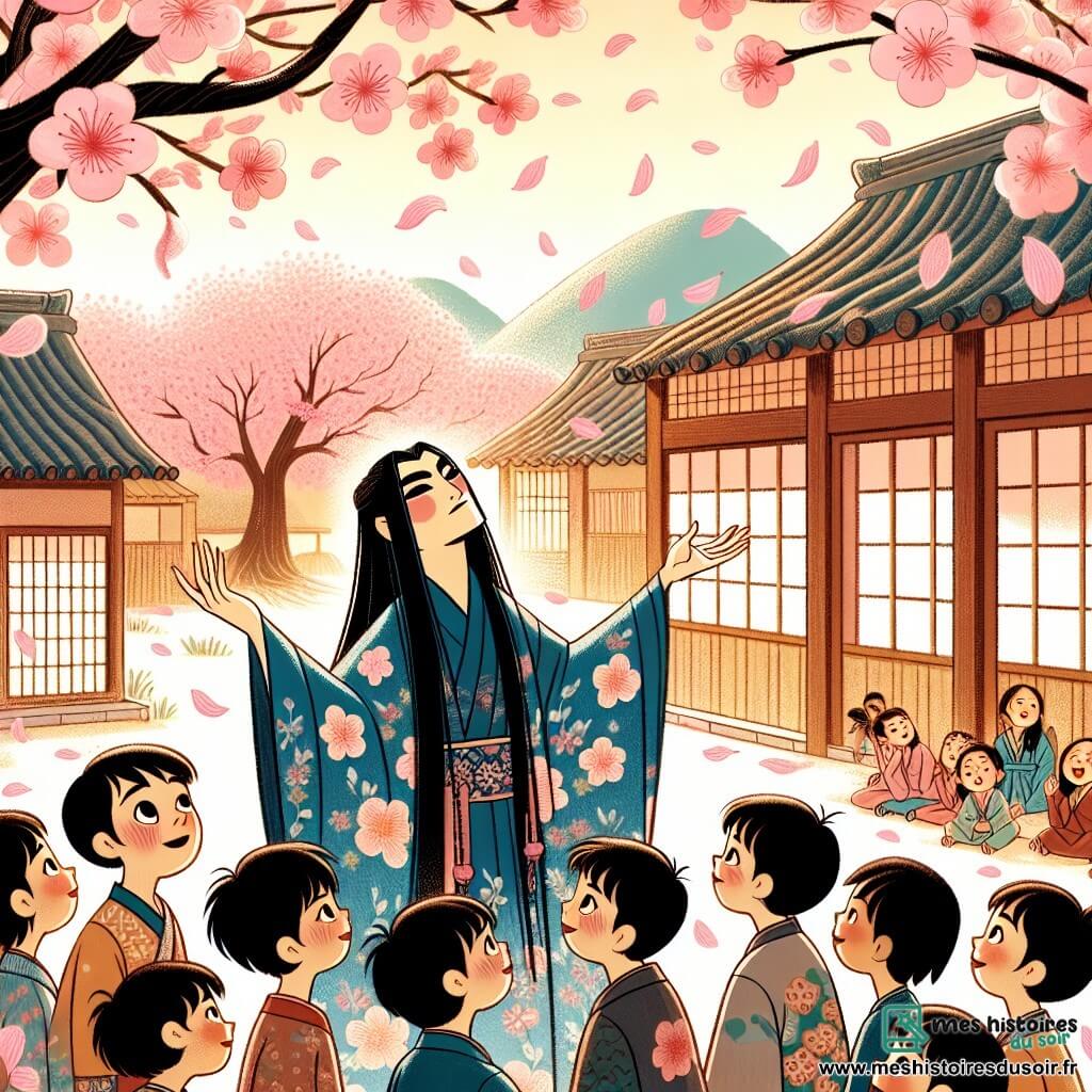 Une illustration sous forme de dessin destinée aux enfants représentant un village japonais pittoresque, avec des cerisiers en fleurs aux pétales roses flottant dans l'air, où un homme aux longs cheveux noirs et au kimono bleu orné de motifs floraux se tient au centre, les bras levés vers le ciel, invoquant la magie des cerisiers, tandis qu'un groupe d'enfants, garçons et filles aux visages émerveillés, l'entoure, écoutant attentivement ses paroles sages sur l'harmonie avec la nature, le tout baigné dans une lumière douce et dorée d'un après-midi printanier.
