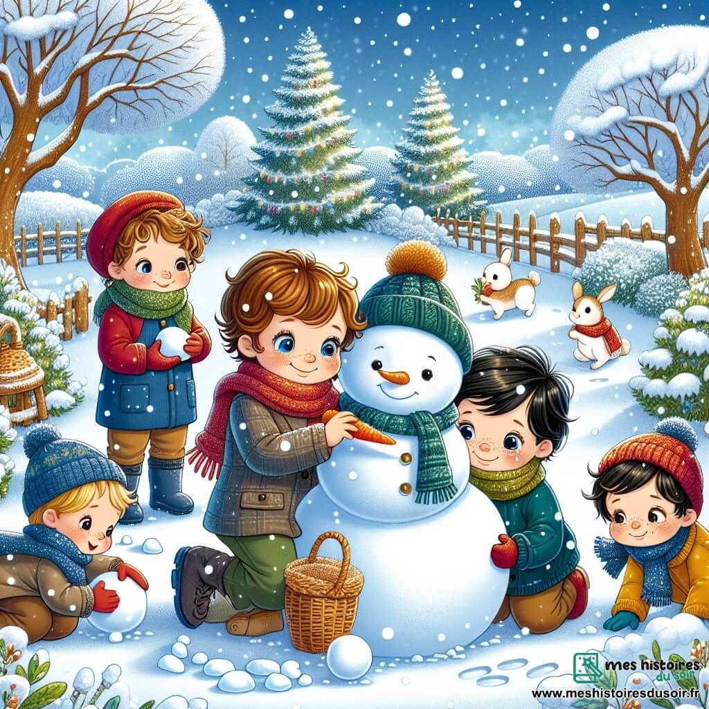 Illustration d'un jardin enneigé avec des arbres majestueux recouverts de neige scintillante et un ciel bleu éclatant. Au centre, quatre garçons de six ans construisent un bonhomme de neige. Le premier, aux cheveux bruns et bouclés, porte un bonnet rouge et un manteau bleu, roulant une grosse boule de neige. Le deuxième, blond avec des lunettes, est vêtu d'une écharpe verte et sourit en tenant une petite boule de neige. Le troisième, châtain et lisse, porte un manteau jaune et place une carotte sur le bonhomme. Le dernier, noir avec des taches de rousseur, met un chapeau en laine sur sa tête. En arrière-plan, des flocons de neige tombent doucement et des empreintes de lapin sont visibles dans la neige, ajoutant une touche de magie à cette scène hivernale joyeuse.