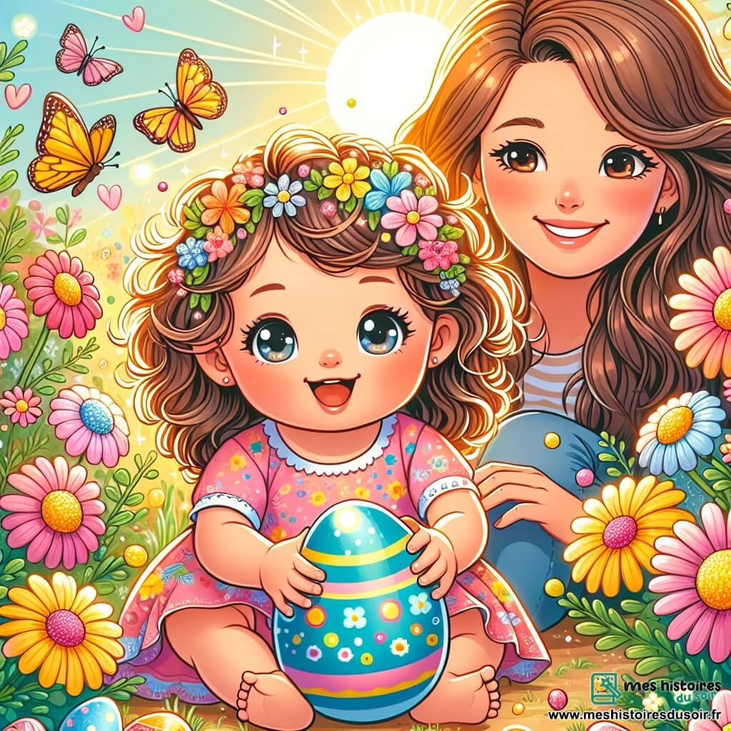 Une illustration sous forme de dessin destinée aux enfants représentant un jardin en fleurs, baigné de lumière dorée, où une petite fille de 1 an aux cheveux bouclés et aux yeux pétillants, vêtue d'une robe colorée, s'agenouille avec un grand sourire pour ramasser un œuf bleu brillant, tandis qu'à côté d'elle, sa maman, une femme souriante aux cheveux longs et châtains, l'encourage avec un regard bienveillant, et autour d'eux, des papillons colorés dansent joyeusement dans l'air, créant une atmosphère magique de chasse aux œufs de Pâques.