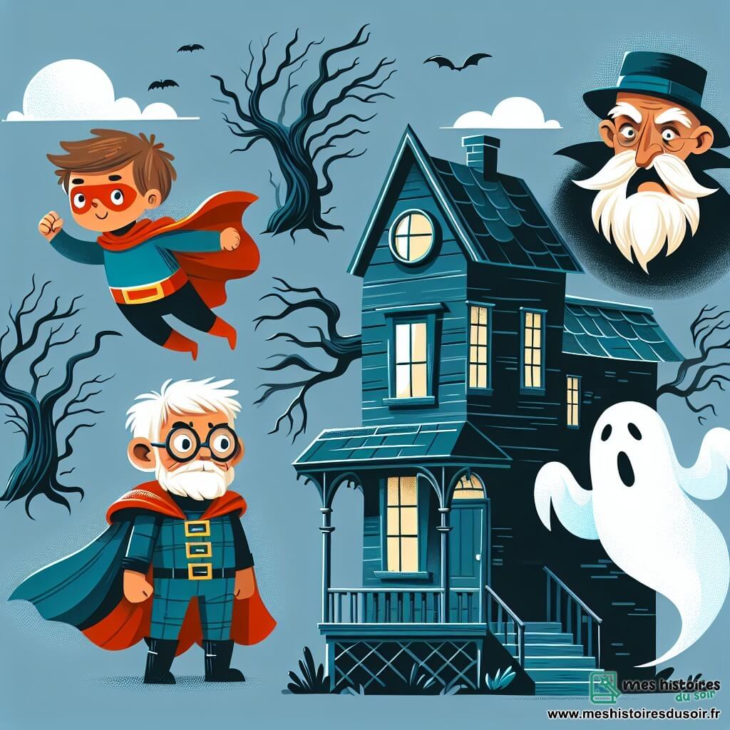 Une illustration destinée aux enfants représentant un garçon déguisé en super-héros intrépide, une maison hantée mystérieuse, un vieil homme en fantôme bienveillant, dans une maison sombre aux volets grinçants et aux arbres noueux agités par le vent.