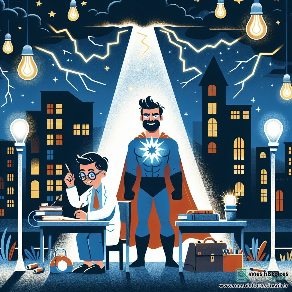 Une illustration destinée aux enfants représentant un brillant scientifique de sexe masculin se transformant en super-héros la nuit, affrontant un super-vilain manipulateur des ténèbres dans une ville nommée Éclatville, entourée de lampadaires clignotants et d'éclairs illuminant le ciel nocturne.