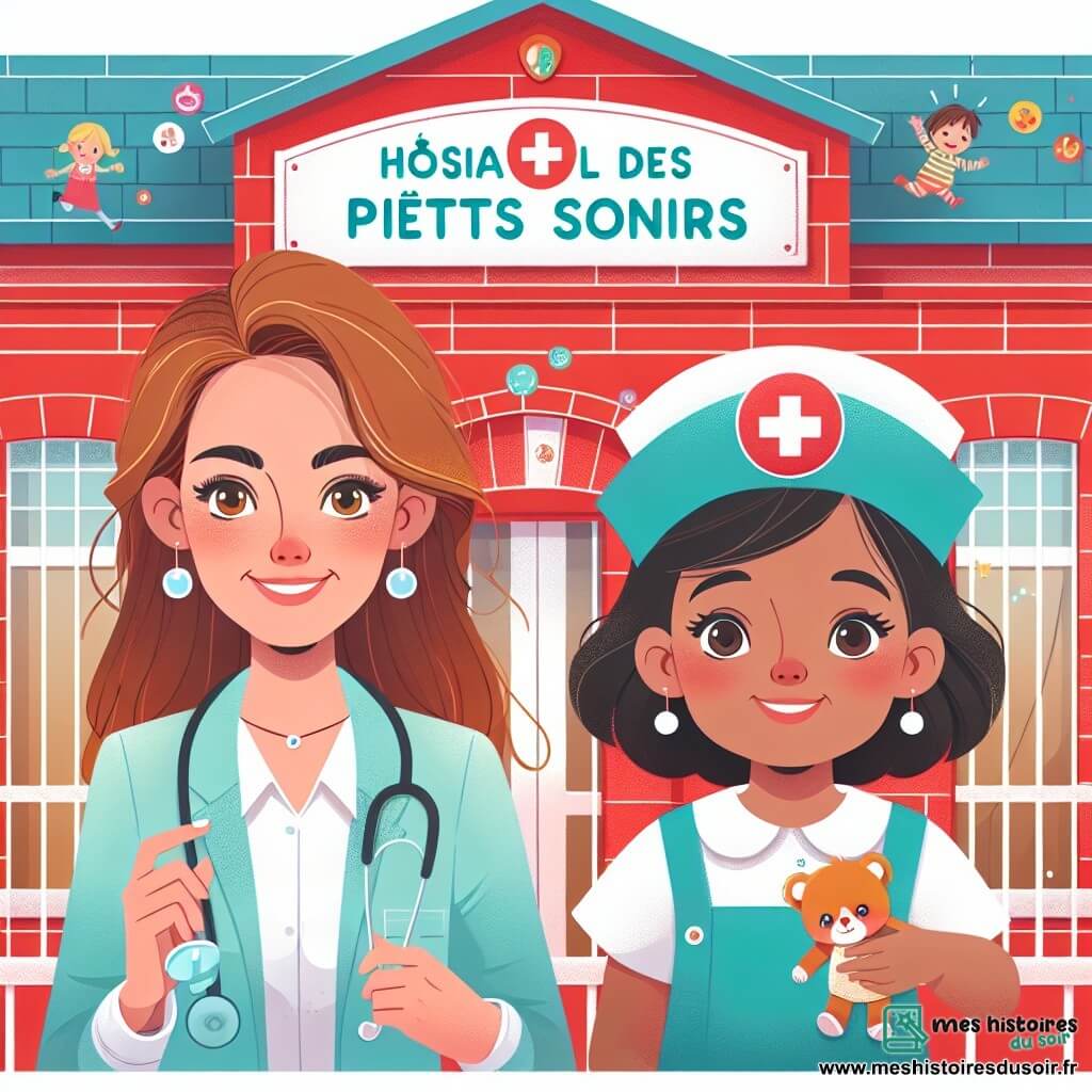 Une illustration destinée aux enfants représentant une jeune femme pédiatre dynamique et pleine de vie, accompagnée de sa collègue infirmière joyeuse, dans un charmant hôpital en briques rouges nommé "Hôpital des Petits Soins" décoré de dessins d'enfants.