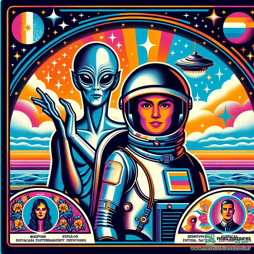 Une illustration destinée aux enfants représentant un courageux pilote de chasse spatiale, un émissaire intergalactique en mission de réconciliation entre deux factions extraterrestres en guerre, accompagné d'un extraterrestre bienveillant à la peau scintillante, sur une planète lointaine aux ciels chatoyants constellés d'étoiles scintillantes et de lunes argentées.